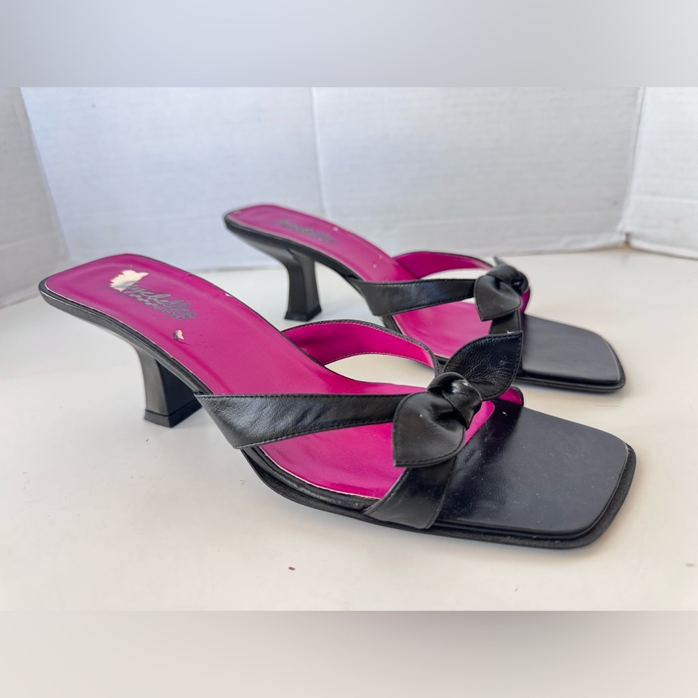 Vintage 90s Y2K Seychelles Black Leather Bow Slip On Heel Sandals Shoes Size 8